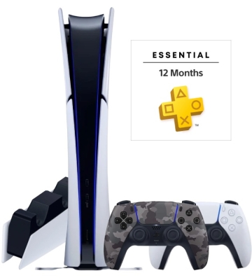 Sony PlayStation 5 Slim Digital (PS5 Slim, EU) + 2 геймпад (серый камуфляж) + PS Plus Essential на 1 год (тур.) + зарядная станция