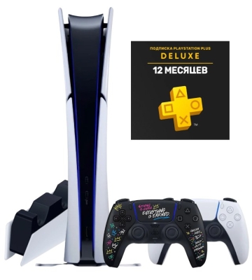 Sony PlayStation 5 Slim Digital (PS5 Slim, EU) + 2-й геймпад (LeBron James Limited Edition) + PlayStation Plus Deluxe на 1 год (Турецкая) + зарядная станция
