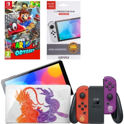 Игровая приставка Nintendo Switch OLED 64GB (Pokemon Scarlet and Violet Edition) + Игра Super Mario Odyssey + Защитная плёнка OIVO