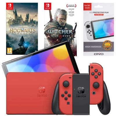 Игровая приставка Nintendo Switch OLED 64GB (Mario Red Edition) (AZ) + Игра Hogwarts Legacy + Игра Ведьмак 3: Дикая охота + Защитная плёнка OIVO