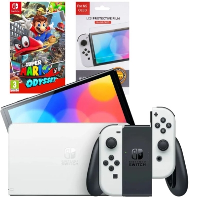 Игровая приставка Nintendo Switch OLED 64GB (белый) (AZ) + Игра Super Mario Odyssey + Защитная плёнка OIVO