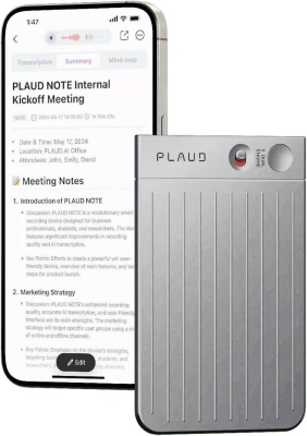 Диктофон PLAUD NOTE Silver с искусственным интеллектом ChatGPT, 64 Гб