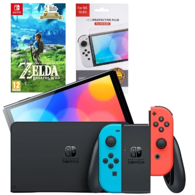 Игровая приставка Nintendo Switch OLED 64GB (неоновый красный/неоновый синий) (AZ) + Игра The Legend of Zelda: Breath of the Wild + Защитная плёнка OIVO
