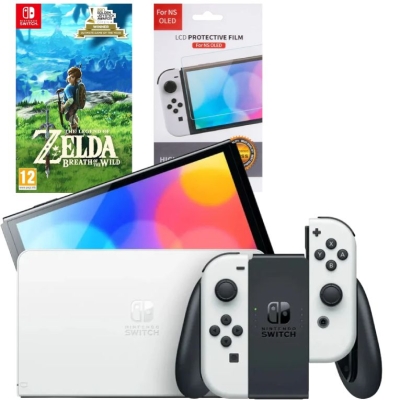 Игровая приставка Nintendo Switch OLED 64GB (белый) (AZ) + Игра The Legend of Zelda: Breath of the Wild + Защитная плёнка OIVO