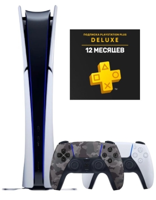 Sony PlayStation 5 Slim Digital (PS5 Slim, EU) + 2-й геймпад (серый камуфляж) + PlayStation Plus Deluxe на 1 год (Турецкая)