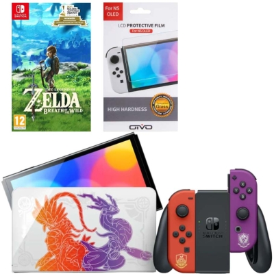 Игровая приставка Nintendo Switch OLED 64GB (Pokemon Scarlet and Violet Edition) + Игра The Legend of Zelda: Breath of the Wild + Защитная плёнка OIVO