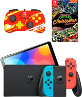 Nintendo Switch OLED 64GB (неоновый красный/неоновый синий) AZ + Геймпад Hori Red Wired + Игра Teenage Mutant Ninja Turtles: The Cowabunga Collection
