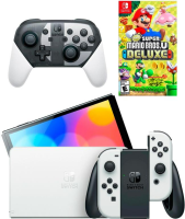 Nintendo Switch OLED 64 GB (белый) (AZ) + Геймпад Pro Controller Super Smash Bros.  + Игра New Super Mario Bros U Deluxe
