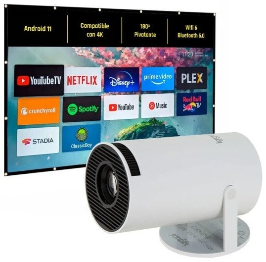 (EU) Проектор Iggual Pack Mini Proyector + Pantalla 120" Plegable (HD 1280x720, Android 11, Wi-Fi 6, Bluetooth 5.0, 120 ANSI), Белый