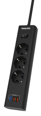 Сетевой фильтр Philips, 3 розетки, 2 USB-A + USB-C, 20 Вт, 2 м, Чёрный, CHP4336BA/51
