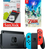 Nintendo Switch 32GB rev.2 (неоновый красный/неоновый синий)(AZ) + MicroSD 128Gb SanDisk Ultra Class 10 + Legend of Zelda: Skyward Sword HD