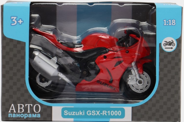 Мотоцикл АВТОПАНОРАМА SUZUKI GSR-R1000, 1/18, металл, красный, свободный ход колес, JB1251504