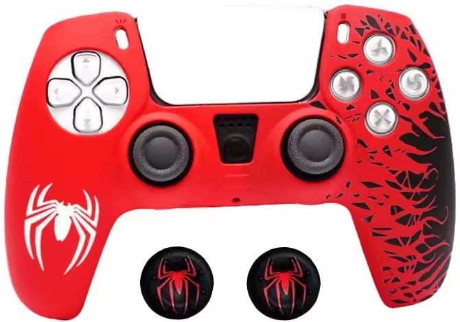 Силиконовый чехол для геймпада Sony DualSense Spider-Man (Красно-чёрный) + 2 накладки на стики