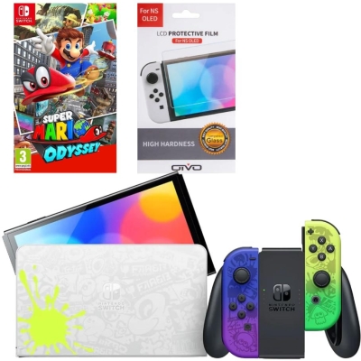 Игровая приставка Nintendo Switch OLED 64GB (Splatoon 3 Edition) + Игра Super Mario Odyssey + Защитная плёнка OIVO