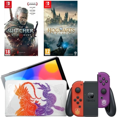 Игровая приставка Nintendo Switch OLED 64GB (Pokemon Scarlet and Violet Edition) + Игра Hogwarts Legacy + Игра Ведьмак 3: Дикая охота