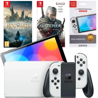 Игровая приставка Nintendo Switch OLED 64GB (белый) (AZ) + Игра Hogwarts Legacy + Игра Ведьмак 3: Дикая охота + Защитная плёнка OIVO