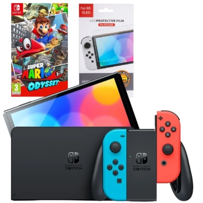 Игровая приставка Nintendo Switch OLED 64GB (неоновый красный/неоновый синий) (AZ) + Игра Super Mario Odyssey + Защитная плёнка OIVO