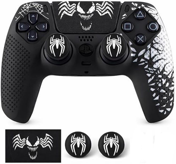 Силиконовый чехол для геймпада Sony DualSense Spider-Man (Чёрно-белый) + 2 накладки на стики