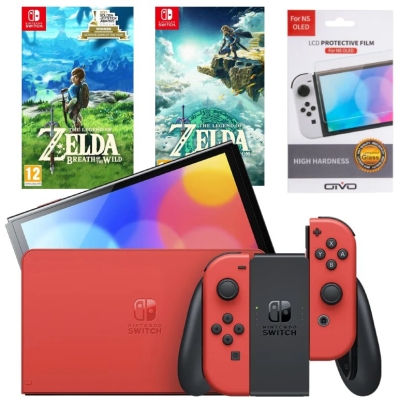 Игровая приставка Nintendo Switch OLED 64GB (Mario Red Edition) (AZ) + Игра Legend of Zelda: Tears of the Kingdom + Игра The Legend of Zelda: Breath of the Wild + Защитная плёнка OIVO