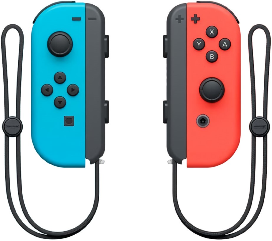 Два контроллера Joy-Con (неоново красного/неоново синего цвета) + док-станция и аксессуары + защитная плёнка