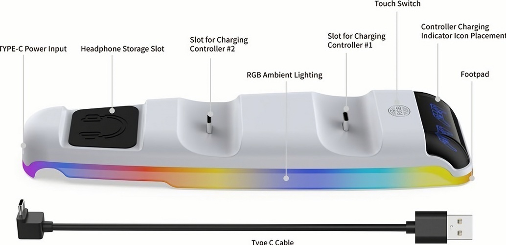 Зарядная станция DOBE для 2-х геймпадов Sony Dualsense RGB (белая) (TP5-3597)
