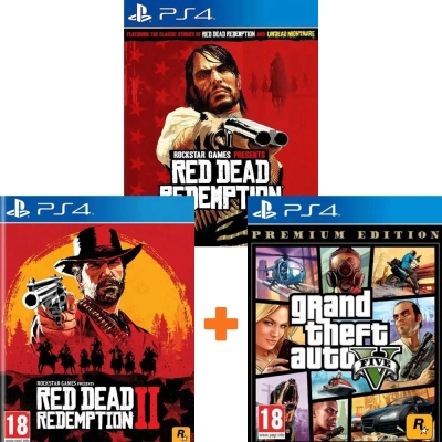 ИгроПак для PS4: Red Dead Redemption + Red Dead Redemption 2 + Grand Theft Auto V Premium Online Edition