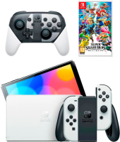 Nintendo Switch OLED 64 GB (белый) (AZ) + Геймпад Pro Controller Super Smash Bros. + Игра Super Smash Bros. Ultimate Limited Edition