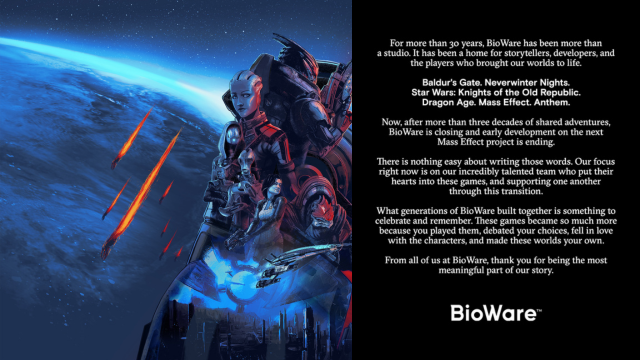 Вчера стало известно, что EA закрывает BioWare и отменяет следующую Mass Effect