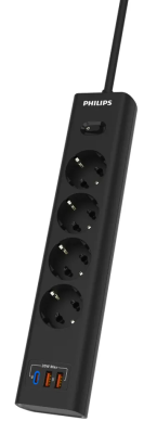 Сетевой фильтр Philips, 4 розетки, 2 USB-A + USB-C, 20 Вт, 2 м, Чёрный, CHP4346BA/51