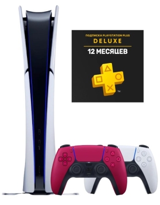 Sony PlayStation 5 Slim Digital (PS5 Slim, EU) + 2-й геймпад (космический красный) + PlayStation Plus Deluxe на 1 год (Турецкая)