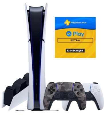 Sony PlayStation 5 Slim Digital (PS5 Slim, EU) + 2-й геймпад (серый камуфляж) + PlayStation Plus Extra + EA Play на 1 год (Турецкая)