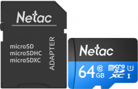 Карта памяти MicroSD 64GB Netac P500 Standard Class 10 UHS-I (90 Mb/s) + SD адаптер