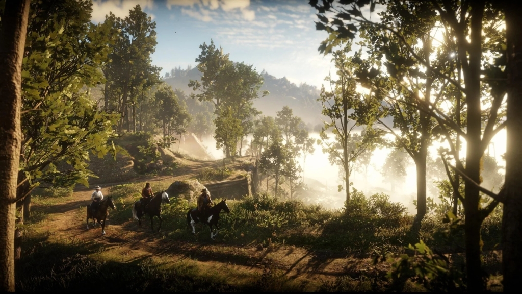 скриншот Red Dead Redemption 2 ковбой на закате с лошадью