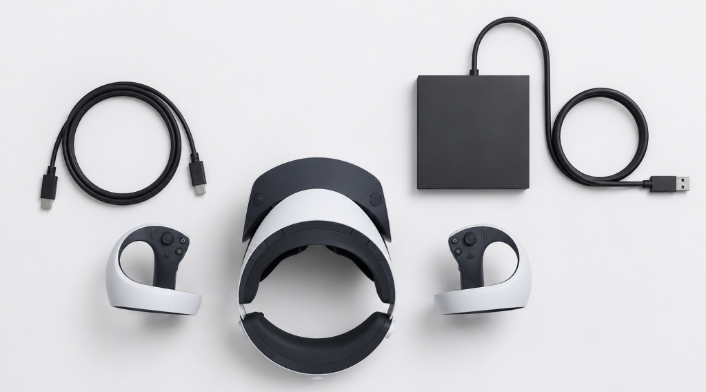 адаптер PlayStation VR2 PC Adapter рядом с гарнитурой и кабелями