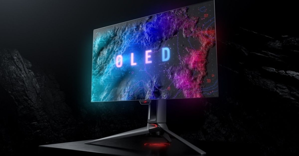 тёмная игровая сцена на OLED-мониторе с глубоким чёрным и ярким неоном