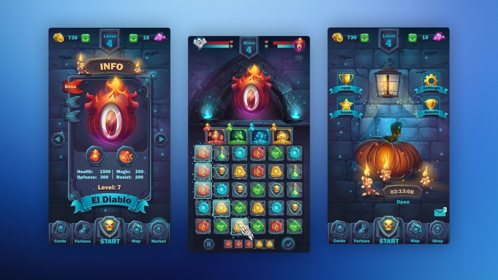 Мобильная игра на смартфоне с интерфейсом и UI элементами