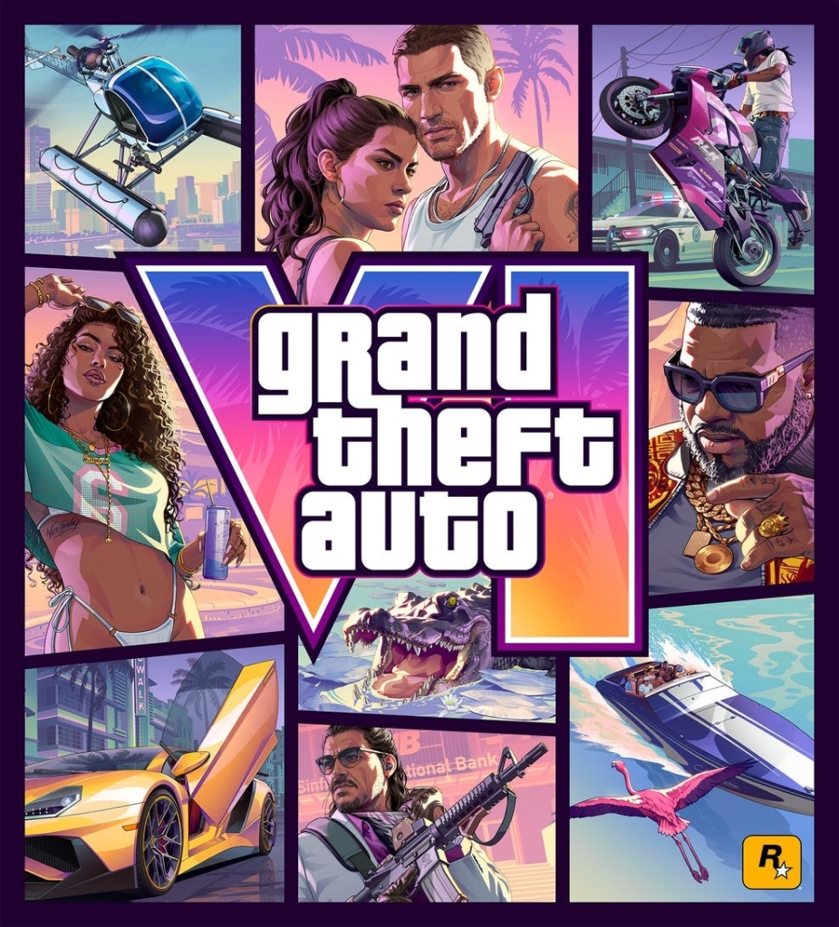 фрагмент обложки GTA 6 с мотоциклистом полицейской машиной и вооружённым вертолётом