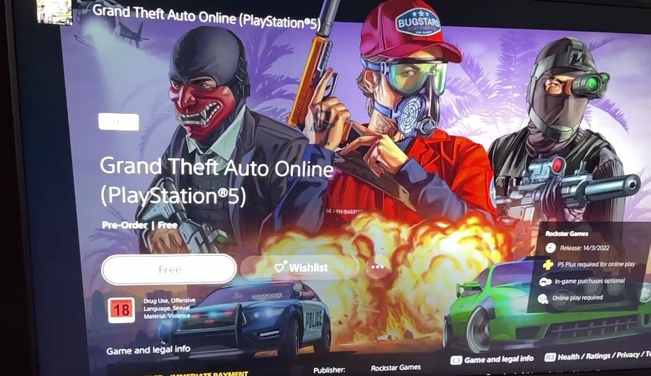GTA Online на экране PlayStation 5 с интерфейсом сетевой игры