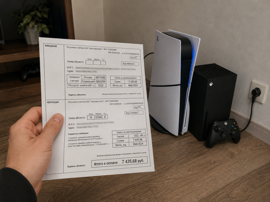 квитанция за электричество рядом с игровым компьютером и консолью