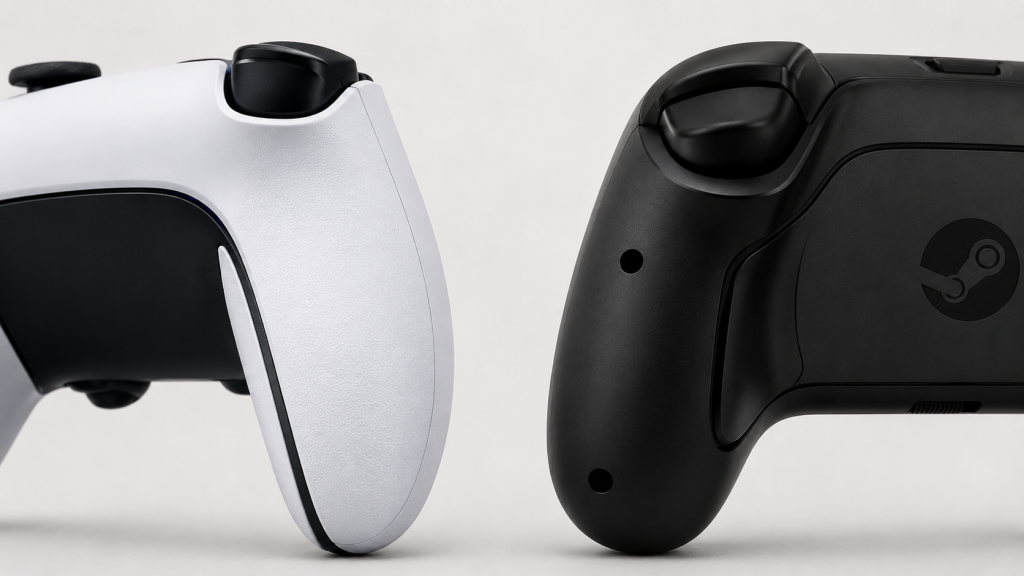 крупный план рукояток Sony DualSense Edge и Valve Steam Controller для сравнения эргономики