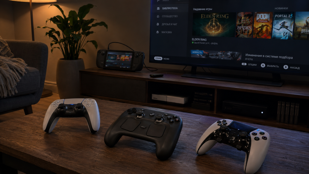 Steam Deck подключена к телевизору, рядом лежат Sony DualSense, DualSense Edge и Steam Controller