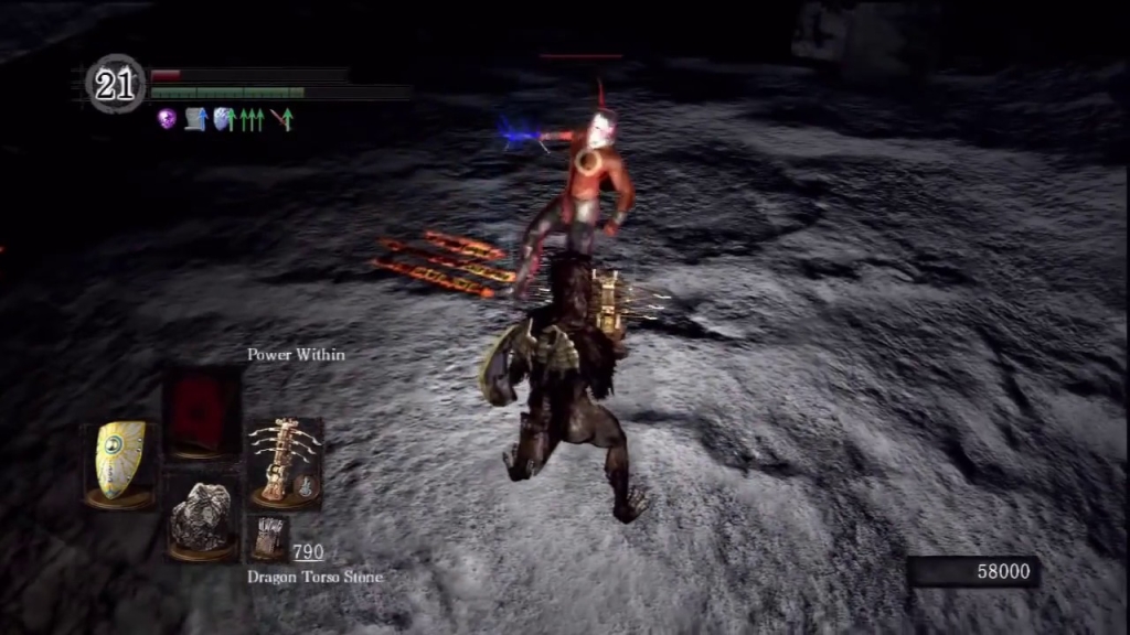напряжённый бой с боссом в Dark Souls с минимальным запасом здоровья